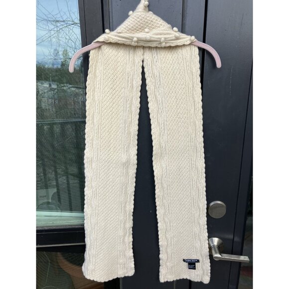 Women's Vintage Ivory Cream 100% Cashmere Fisherman Scarf Pom Poms Cable Knit - Picture 5 of 5